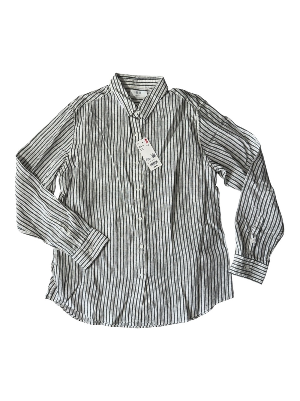 NEW Uniqlo womens L Large grey stripe 100% linen button up shirt EUC